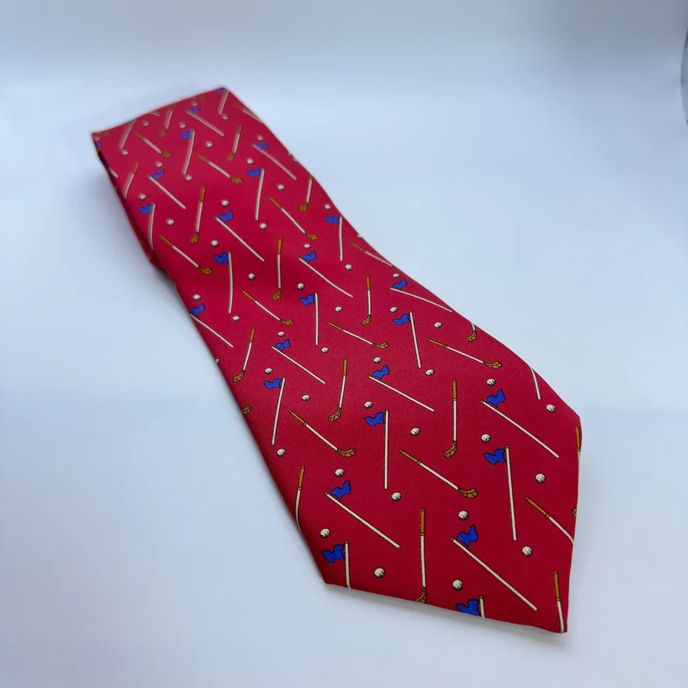 LANVIN Paris Men's Silk Red Tie Golf Club Print Sports Made in France 3¾″ × 60½″